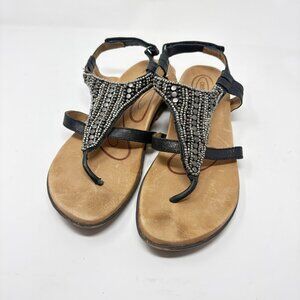 Aetrex Sheila Slingback Thong Sandals Black Beaded Leather Women’s 7.5 / Size 38